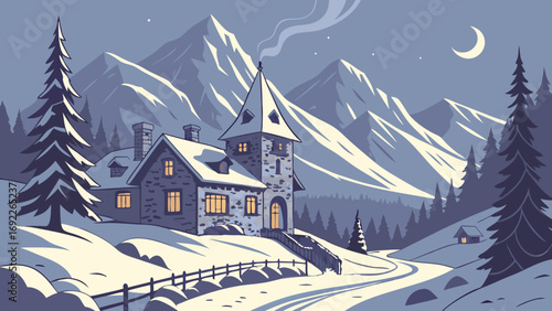 Winter mountain cabin landscape illustration snowy scene with house trees and crescent moon night scene vector art holiday card Christmas New Year winter wonderland cozy home.