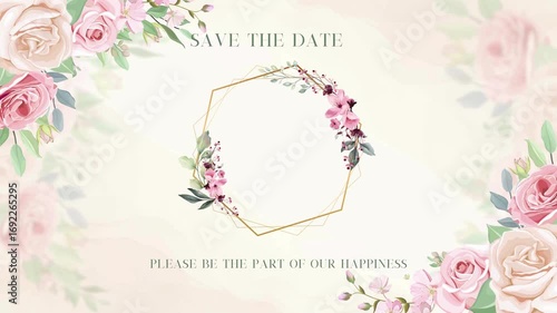 Colorful flower bouquets with Save the date text on white background. 4K animation.
