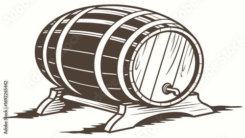 Wooden Barrel with Tap Vintage Style Illustration Beverage Container Brewing Distillery Pub Bar Alcohol Wine Beer Whiskey Rum Liquor Rustic Retro Wooden Cask Aged Drink Beverage.