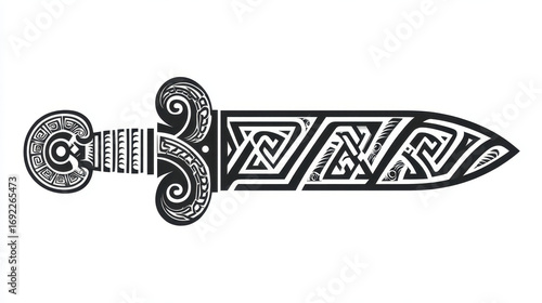 Ornate Sword with Intricate Celtic Patterns and Distinctive Handle Design for Artistic or Historical Themes