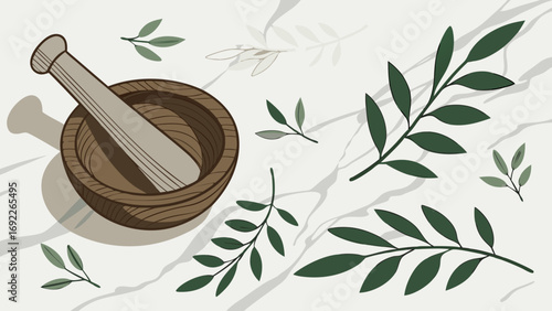 Wooden Mortar and Pestle with Green Leaves on Marble Background Herbal Botanical Spa Kitchen Illustration.