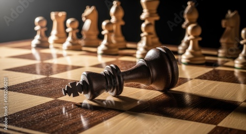 Close-up of a chessboard with a fallen black king, symbolizing checkmate and strategic defeat in a game.