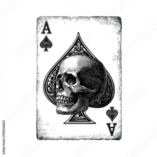 Skull Design on Ace of Spades Playing Card with Intricate Details and Vintage Style Aesthetic