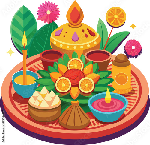 Transparent Vector of Traditional Puja Thali with Sweets, Fruits, Flowers and Diyas