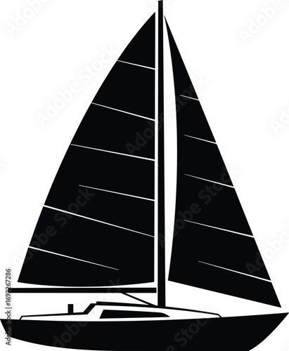 Black sailboat silhouette illustration with large sails, minimalist yacht vector on white background, maritime nautical design, sailing clipart, boat graphic for marine theme