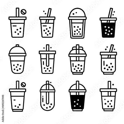 Set of bubble tea cup icons with straws and tapioca pearls in different styles for beverage and drink design illustration