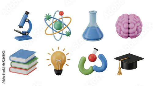 3D Education and Science Vector Icon Set with Microscope, Atom, Books, Brain and Graduation Cap