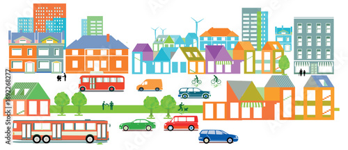 Farbige Stadtübersicht mit Verkehr und Häusern, Information illustration