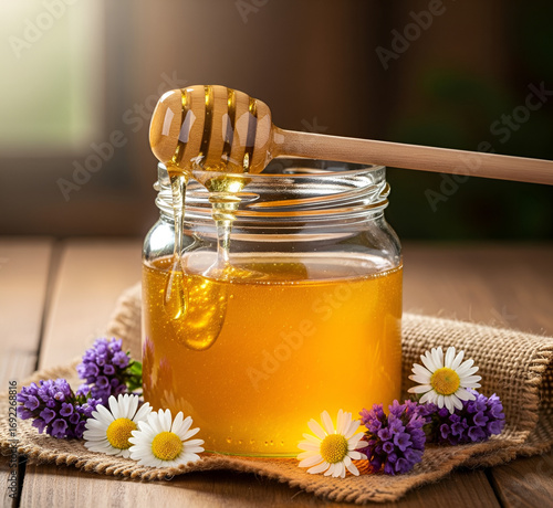 glass jar filled with a dipper and honey. eco-friendly, natural, and practical product. inherent deliciousness.