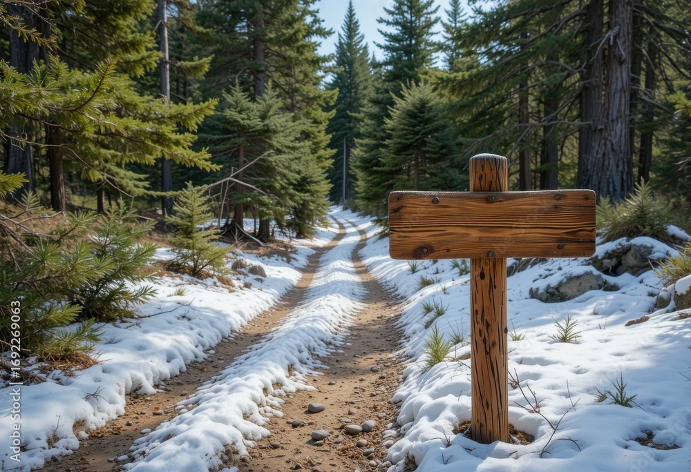 Naklejka premium Letrero de madera vacío en un sendero de montaña nevado rodeado de pinos, que simboliza el senderismo, la exploración y los destinos de viaje