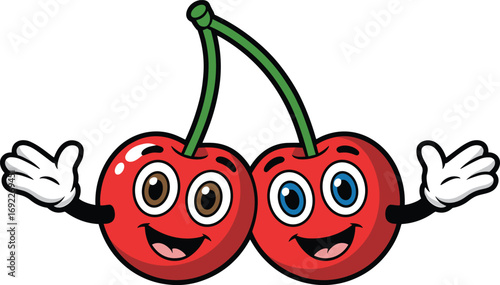 Cartoon cherries with happy faces, funny arms open, vector fruit characters illustration, isolated on white background, kid-friendly 