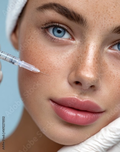 a beautiful woman is having her face treated by an aesthetician, with the focus on the close-up of one side of her cheek being made up with a syringe for lip fillers