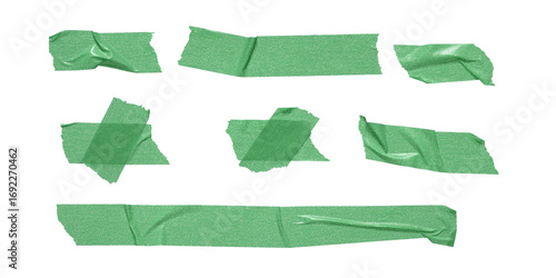 set of green adhesive torn tape isolated transparent png background,Paper tape sticker with ripped edges,Design template or mockup.Torn masking tape,Design elements.