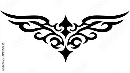 Elegant Black Tribal Wing Design with Intricate Swirls for Tattoo or Graphic Art Use