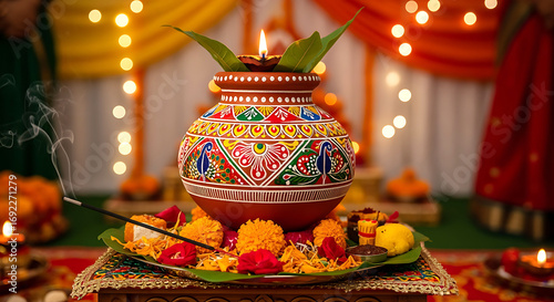 Garba For navratri detailed colorful ornate ceramic pot, intricate floral patterns, decorative pomegranates, candles, warm glowing lights, ornate traditional decor, rich cultural festival setting
