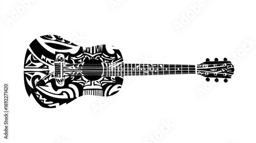 Intricate Black and White Guitar Design Featuring Tribal Patterns and Artistic Elements for Creative Projects