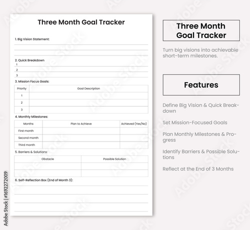 Empowering three month goal tracker to transform dreams into achievable milestones on a sleek minimalistic planner