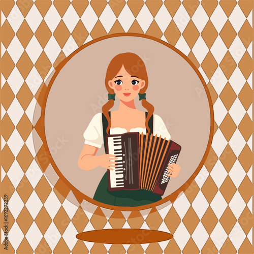From the "oktoberfest" series, girl in traditional Bavarian costume dirndl plays accordion on a traditional Bavarian pattern of brown and white diamonds