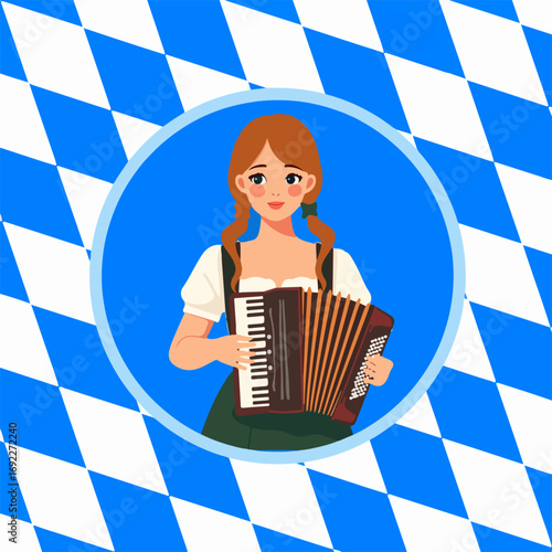 From the "oktoberfest" series, girl in traditional Bavarian costume dirndl plays accordion on a traditional Bavarian pattern of blue and white diamonds