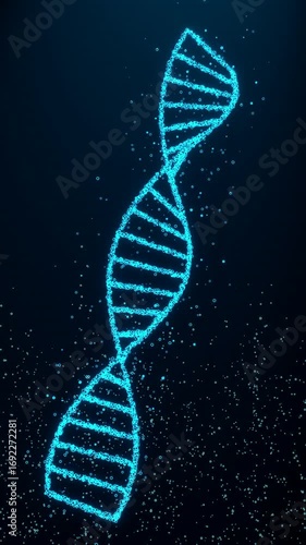 Blue rotating DNA strand and liquid particles, genetic research, vertical format. Biotechnology, human genome, science, laboratory research, concept from genetics and medicine. 3D animation