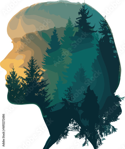 Creative double exposure silhouette of child with forest trees overlay, nature and human connection, environmental concept, artistic portrait, eco-friendly design.
