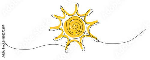 Continuous one line drawing of sun. Single line sketch sunny summer travel concept.Vector illustration isolated on white