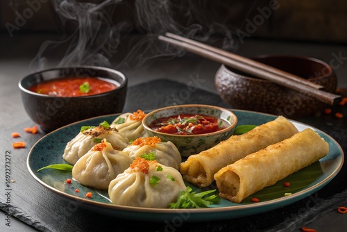 steamed dumplings and crispy spring rolls with spicy sauce