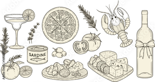 Italian Mediterranean food and drink illustration with pizza, cheese, wine, lobster, sardine, olives, herbs, cocktail, hand drawn style