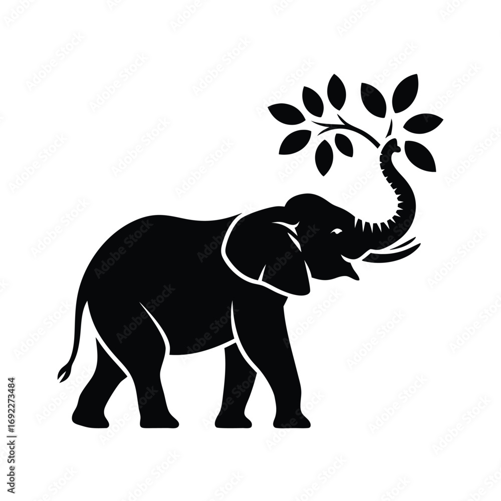 Obraz premium A majestic silhouette of an elephant standing tall reaching for fresh leaves on a branch with its trunk outstretched in a white background this image is a perfect representation of nature and wildlife