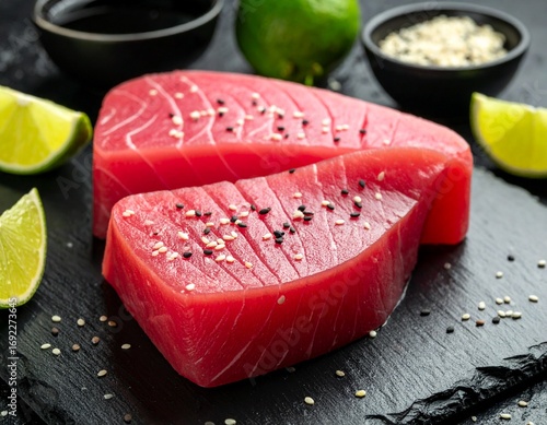Fresh raw ahi tuna steaks with lime and sesame seeds prepared for a healthy gourmet meal