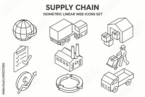 Supply Chain Isometric Icons Set – Logistics, Warehouse, Factory, Delivery Vector