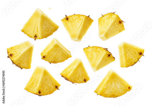 Vibrant yellow pineapple chunks, irregularly chopped, with glistening juice, floating weightlessly against a transparent, shadowless studio background, concept of tropical freshness and vitality
