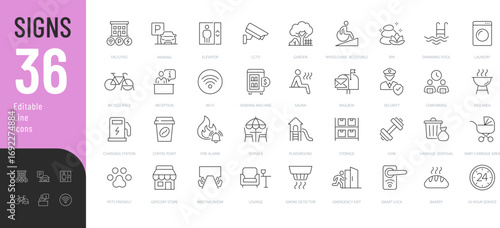 Signs line Editable Icons set. Vector illustration in modern thin line style of facilities related icons: parking, playground, reception, and more. Isolated on transparent background.