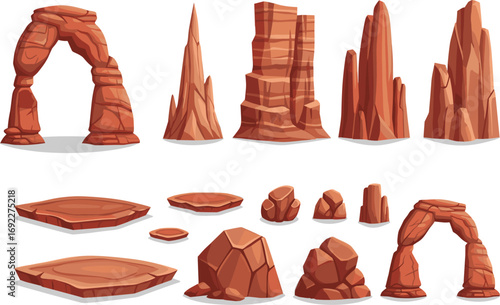 Desert canyon rock formations, cliffs, boulders, and natural stone landscape set, sandstone mountains and rocky terrain vector illustration design