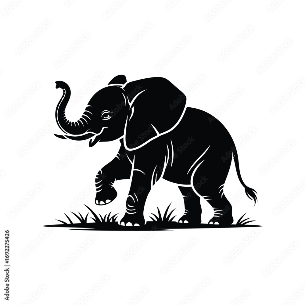 Obraz premium Majestic Elephant Silhouette Walking Gracefully Through Lush Green Grass Underneath the Bright Blue Sky