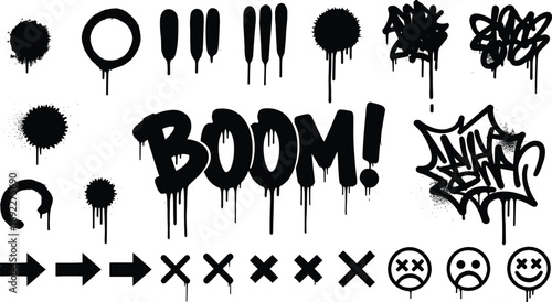 Graffiti spray paint elements, urban street art symbols, dripping ink splatters, arrows, grunge tags, expressive lettering, hip hop culture illustration