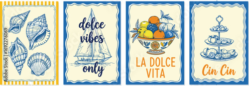 Vintage Italian poster set with sea shells, sailing boat, fruits, desserts and lettering La Dolce Vita retro illustration