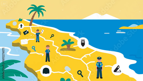 illustration of coastal area with police icon searching for child  vector design template