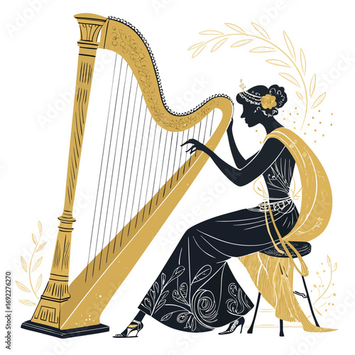 Vector Illustration of Harpist Woman Playing Harp in Elegant Musical Design