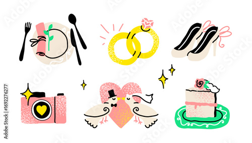 A charming collection of wedding essentials for your special day. Creative festive items celebrate a love story, featuring romantic symbols like a bouquet, wedding rings, and a tiered cake.