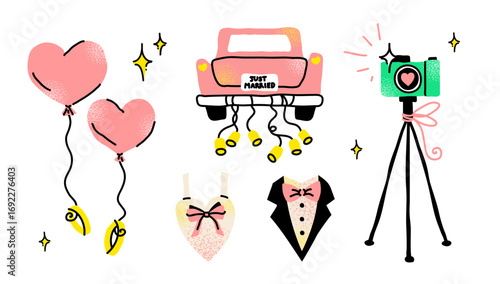 A charming collection of wedding essentials for your special day. Creative festive items celebrate a love story, featuring romantic symbols like a bouquet, wedding rings, and a tiered cake.