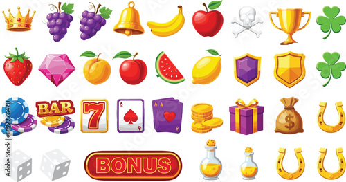 Casino slot machine icons with fruits, gems, gold coins, poker chips, cards, dice, horseshoe, crown, bonus vector illustration