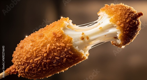 Close up of a delicious deep-fried Korean corn dog on a stick, broken in half to reveal a spectacular and gooey mozzarella cheese pull