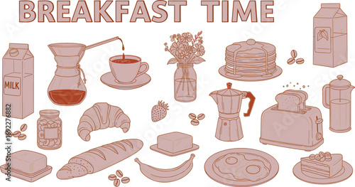 Breakfast time illustration with coffee, milk, bread, pancakes, toaster, croissant, eggs, fruit, butter, morning meal vector food design