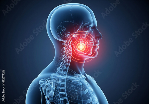 X ray scan side profile with highlighted ear jaw and throat pain