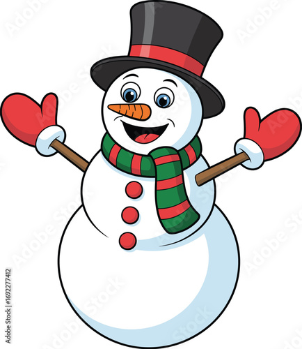 Cute cartoon snowman wearing top hat, red mittens, and scarf, winter holiday character, Christmas decoration, happy festive season illustration.