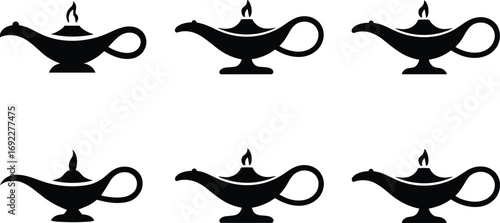 Silhouettes of traditional oil lamps with flames, vector illustration set, black magical lamp icons, folklore concept, storytelling design elements