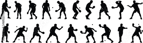 Silhouettes of table tennis player in action sequence, vector illustration set, dynamic poses, sports technique study, ball control movement design