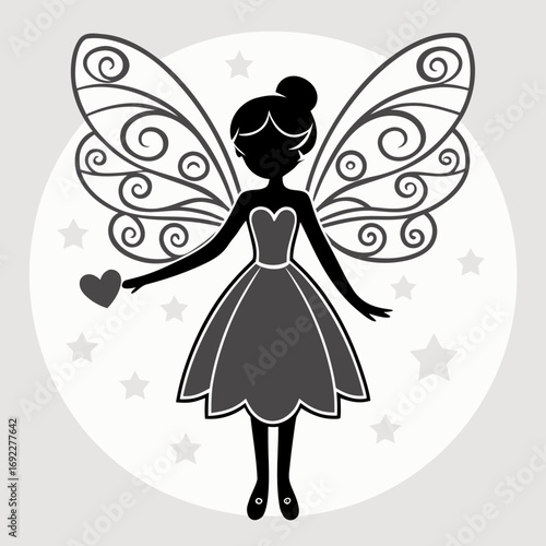 Elegant fairy illustration with heart shaped wings and stars around