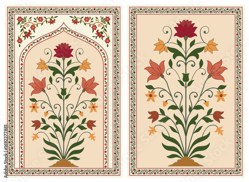 Traditional Mughal flower motif. India wall decor flower Painting. Mughal wall paintings, botanical floral ethnic motif